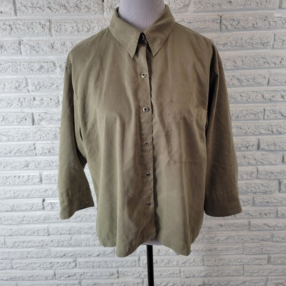 Chicos Design Green Velour Button Up Shirt Top XL Long Sleeve Collared GRE5E